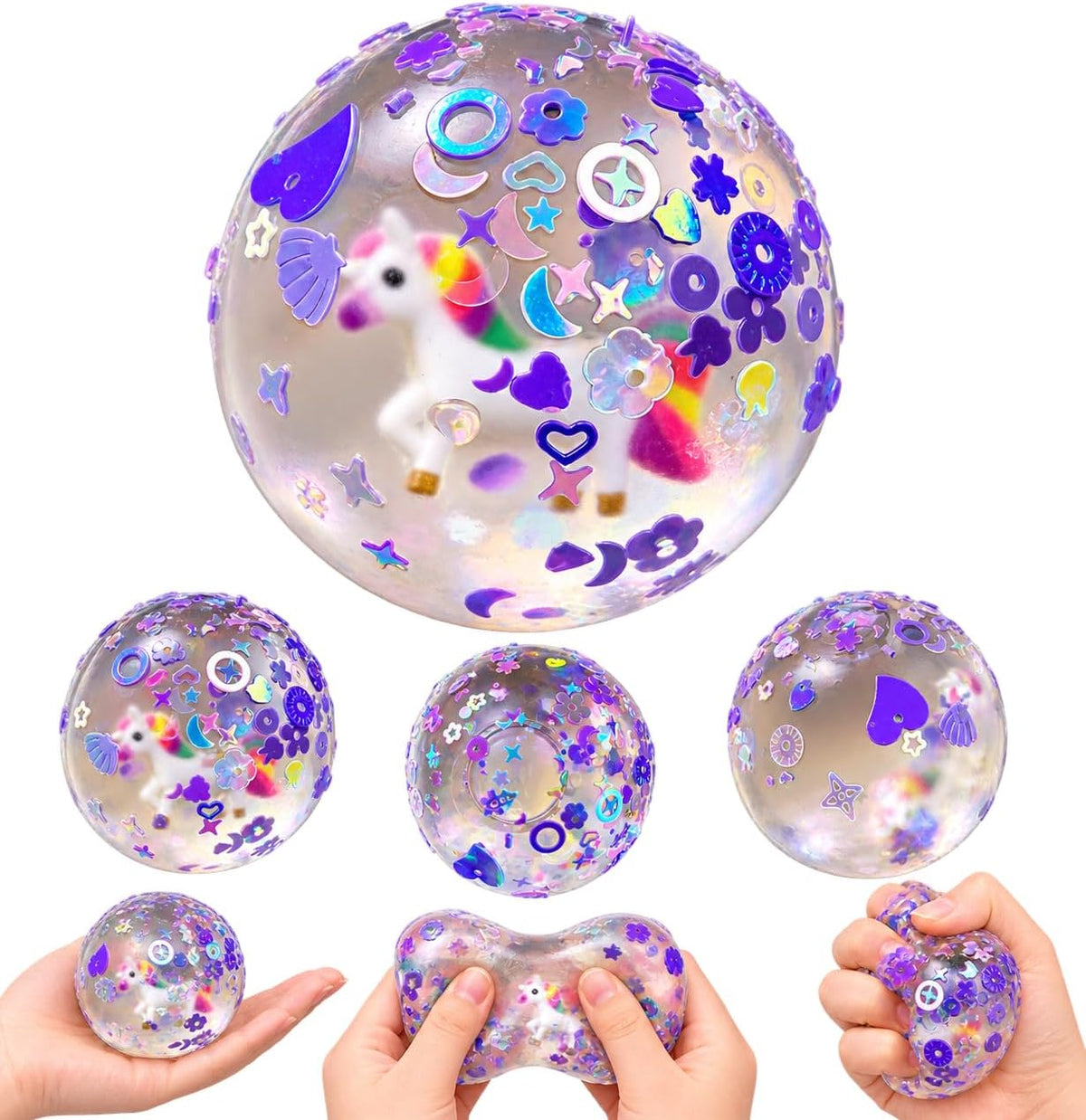 Unicorn sensory squishy ball with gel and confetti filling