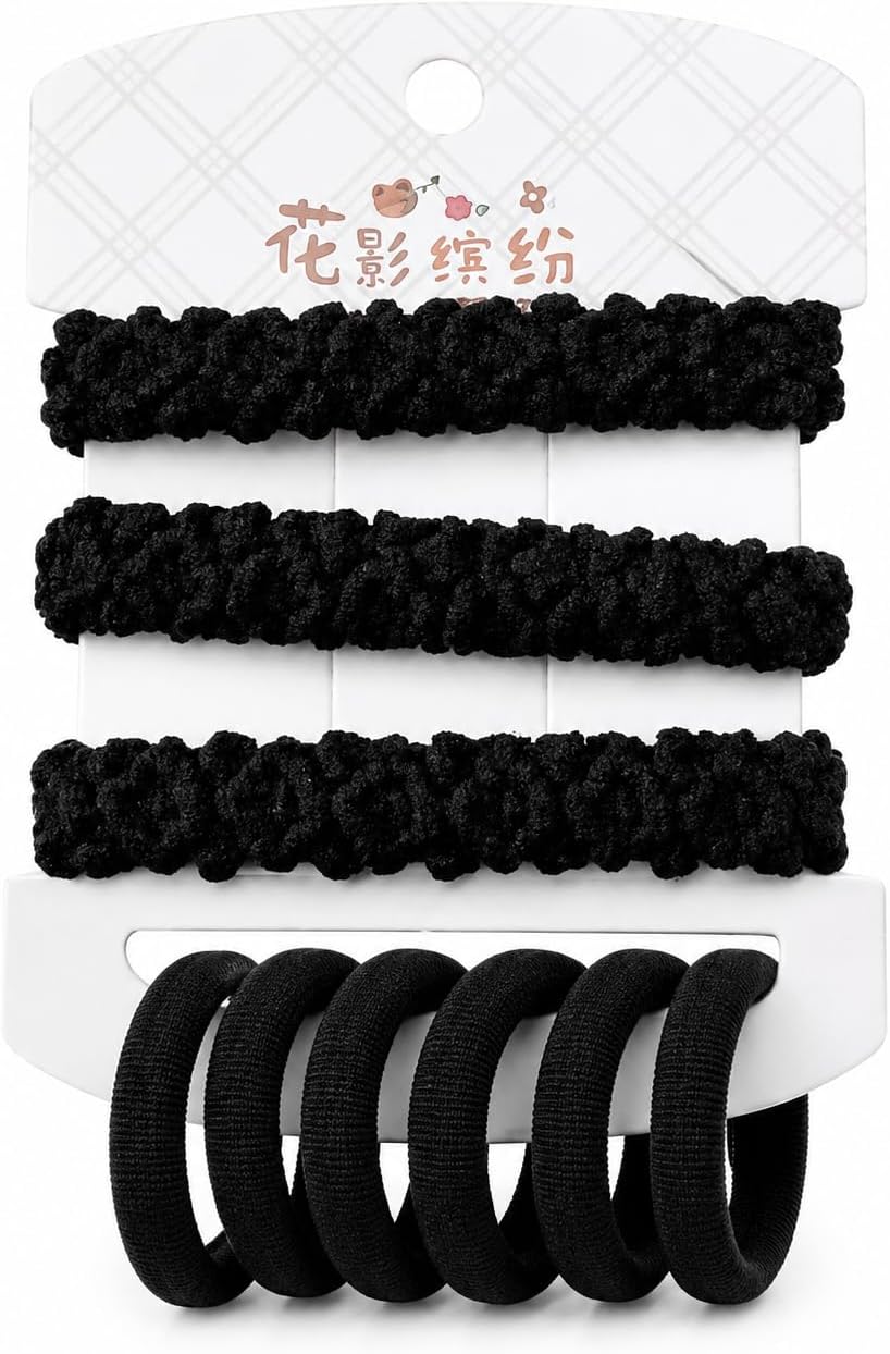 Black hair tie pack, 9 pieces, assorted elastic ties suitable for braids, secure hold, easy to use, practical and stylish design, for everyday use