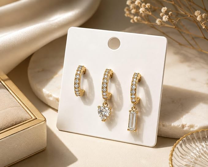 Small drop hoop earrings for women, stainless steel, unique carat, cubic zirconia set, 3-piece set (plain earring, heart pendant, rectangular pendant)