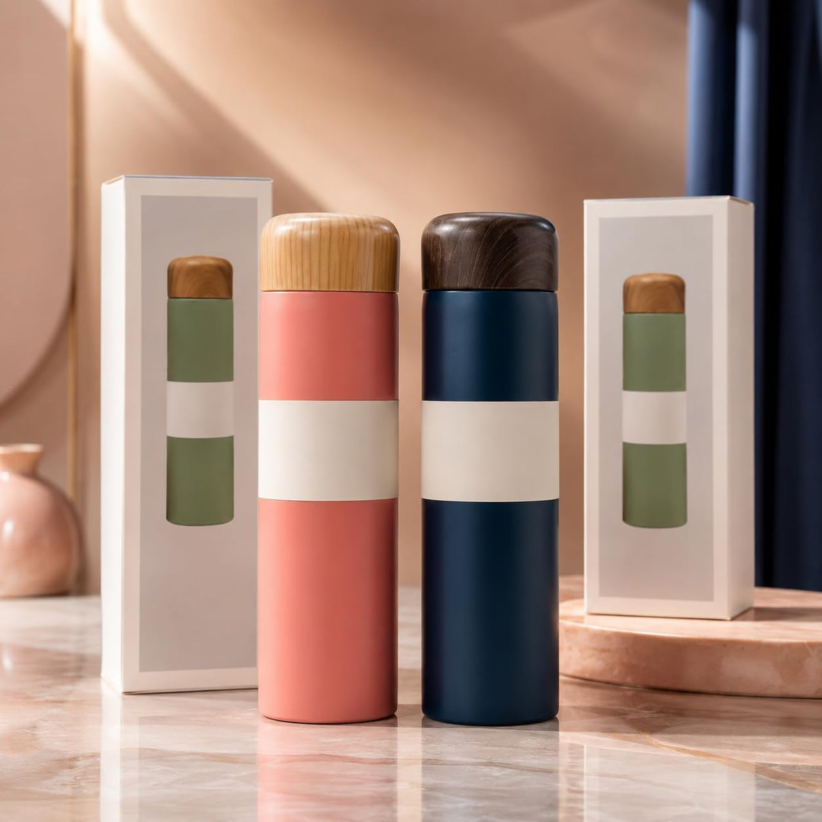 Insulated stainless steel water bottle, hot and cold thermos with a 250 ml capacity, elegant design with a natural wooden lid, perfect for travel, the office, and sports - One Piece - Multiple Colors from First Choice