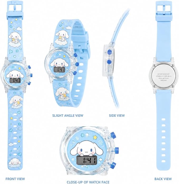 Kids' digital watch with a cartoon design, glowing screen, and silicone strap