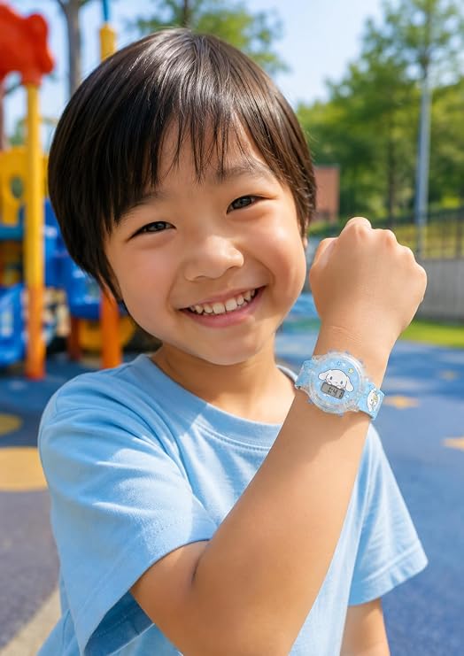 Kids' digital watch with a cartoon design, glowing screen, and silicone strap