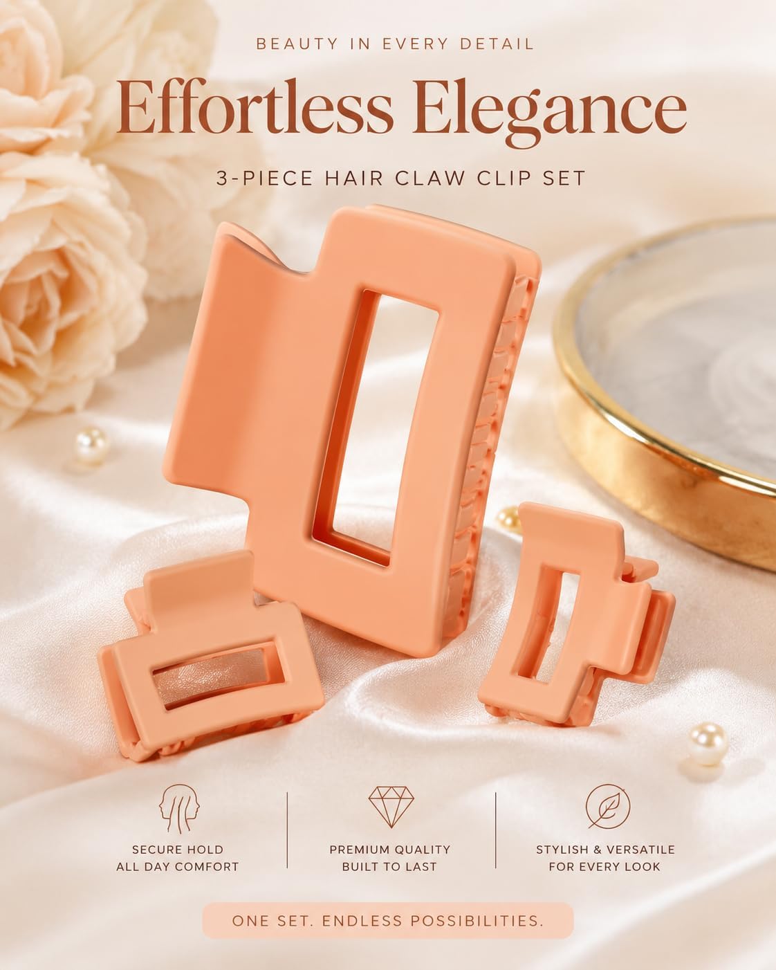 Matte acrylic hair claw for a stylish, modern hold. A 3-piece set in assorted sizes, durable and comfortable for women and girls. (Light orange)
