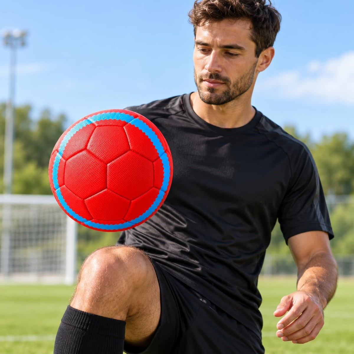 Professional soccer ball, synthetic leather, waterproof, with a geometric design.