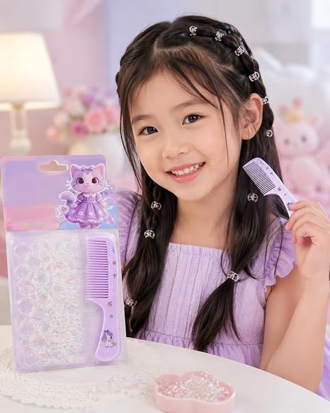 Purple children's hair accessory set with hair ties and a comb