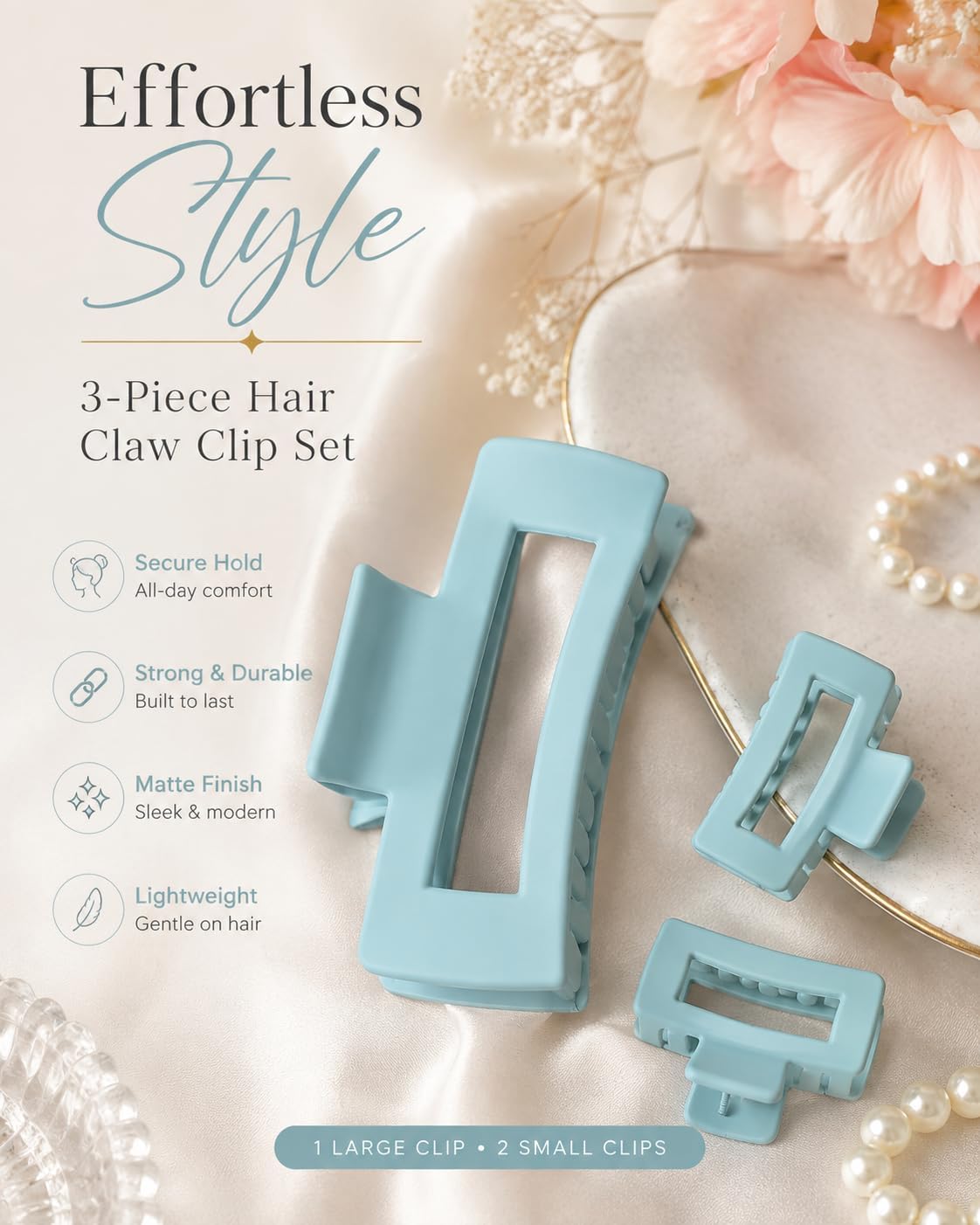 Matte acrylic hair claw for an elegant and modern hold, a 3-piece set in various sizes, a durable and comfortable accessory for women and girls. (Light blue)