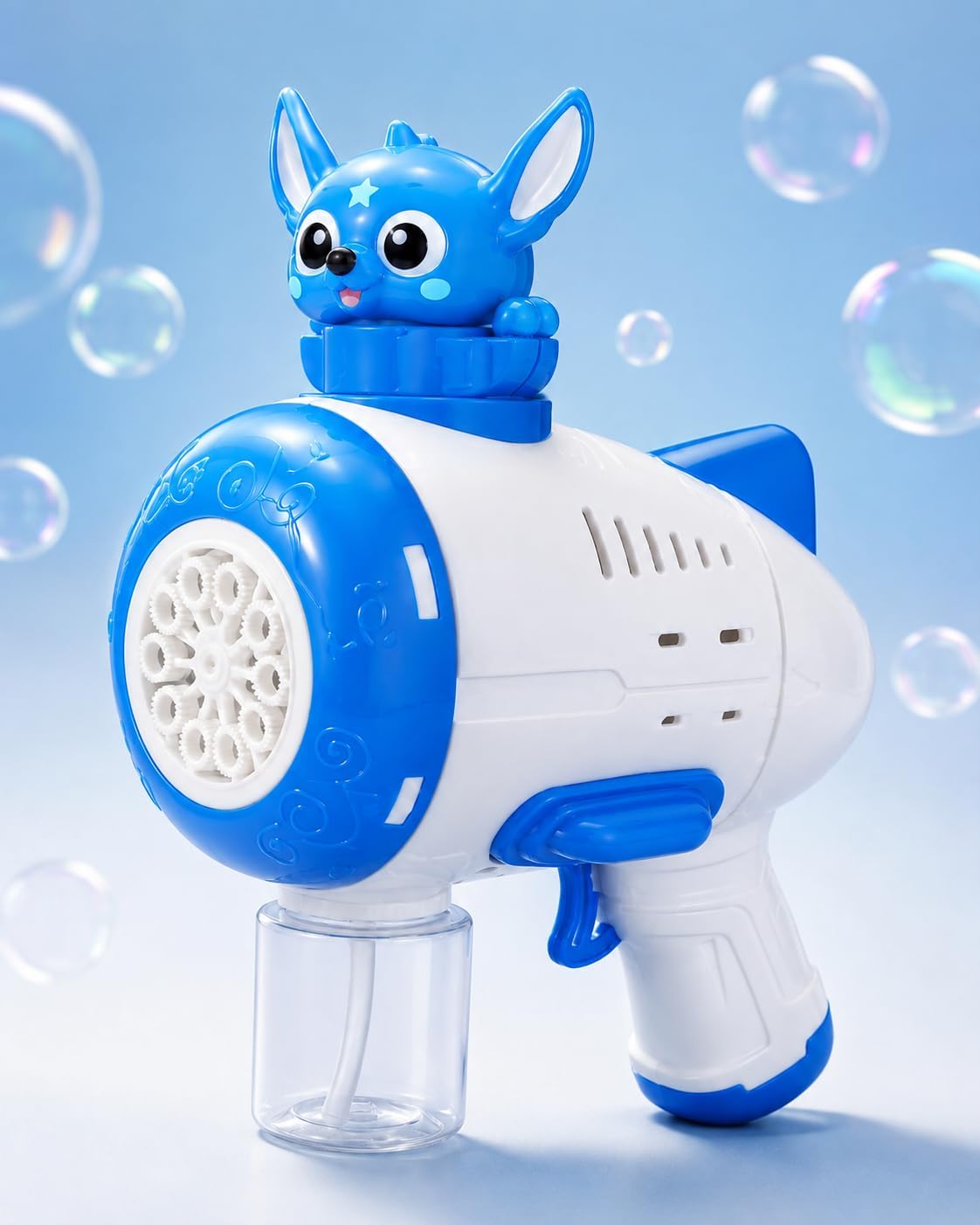 Automatic cartoon bubble gun with a bottle of solution