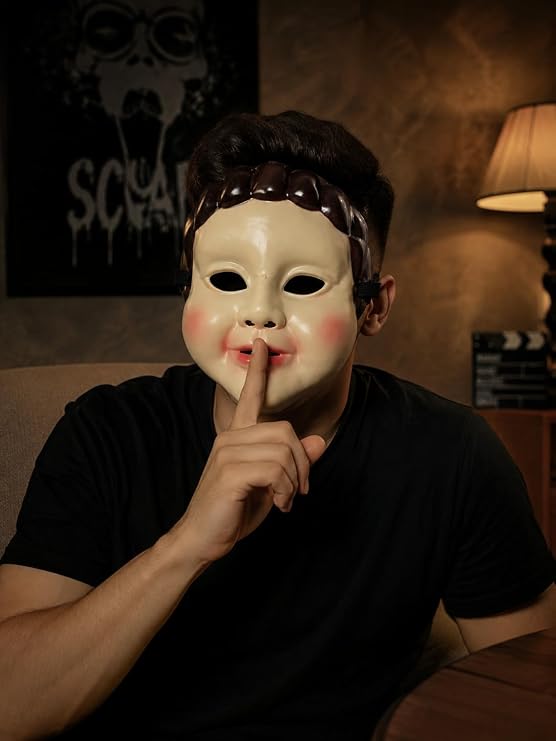 Plastic doll face masquerade mask with an elastic band