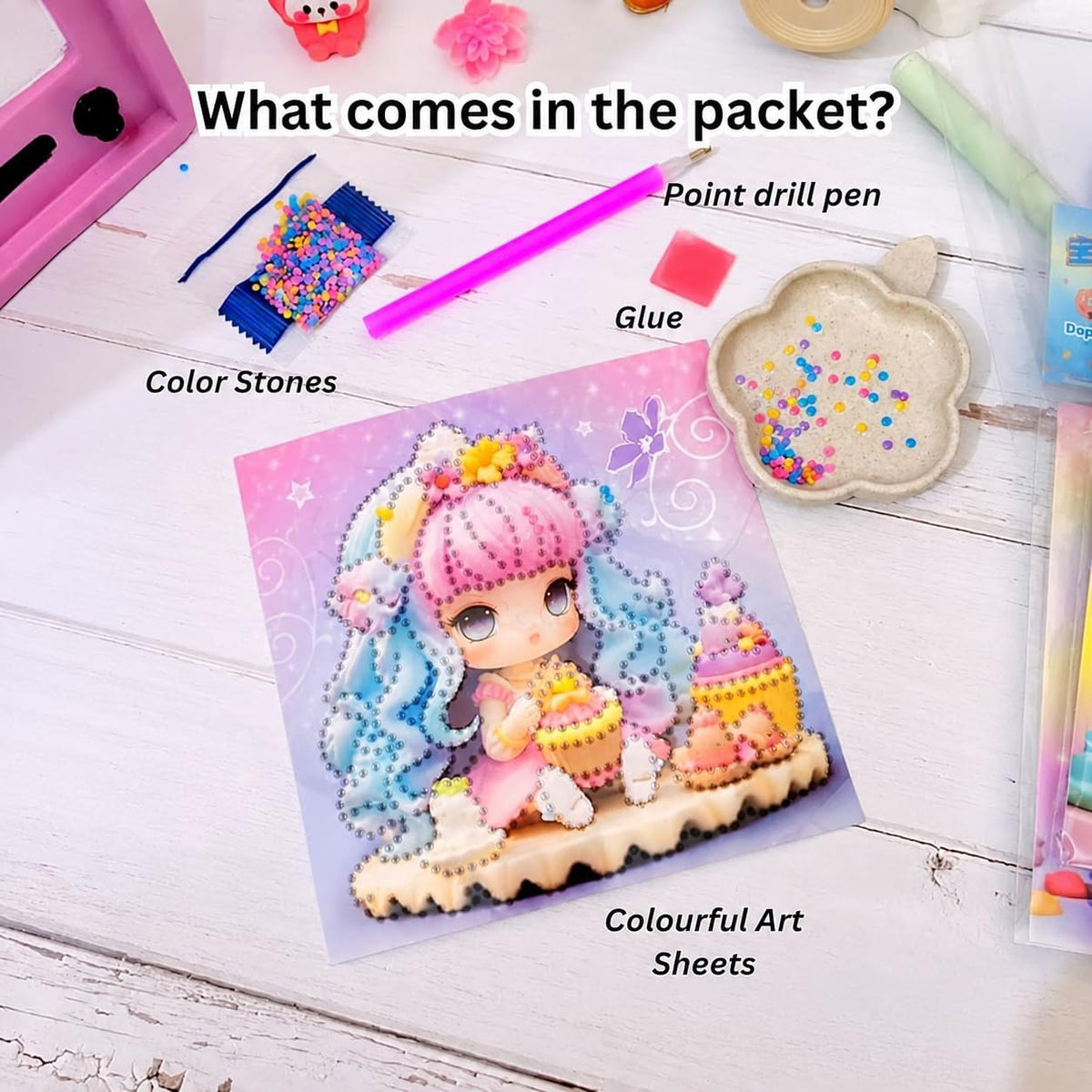 2-in-1 Diamond Painting and Coloring Kit for Kids, 6 Pieces
