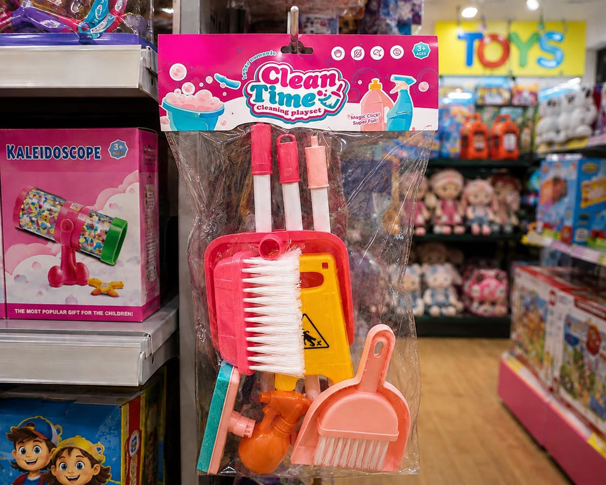 House cleaning toy set with broom, dustpan, and tools