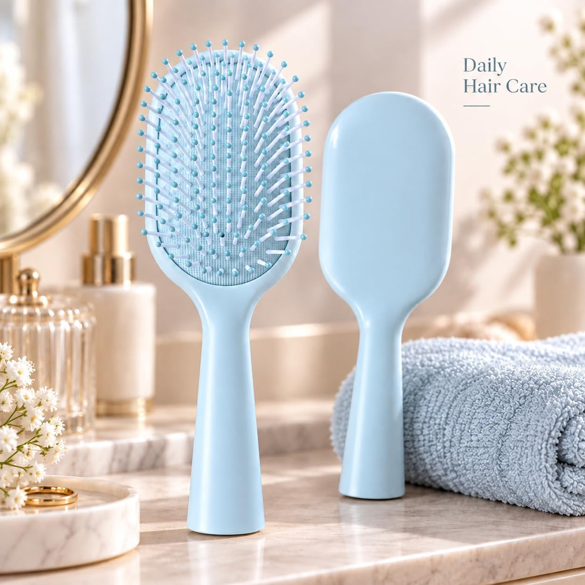 Hair detangling and scalp massage brush, soft oval brush for dry and wet hair with flexible bristles and rounded tips to protect the hair, suitable for all hair types, in light blue.
