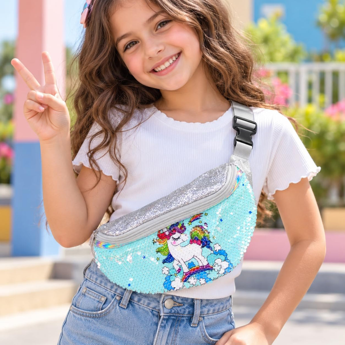 Reversible sequin unicorn waist bag with adjustable strap