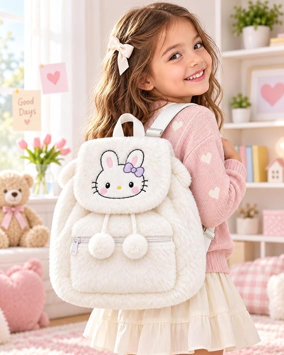 Velvet backpack from First Choice with a cute animal design - lightweight soft fur bag with decorative pom-poms and adjustable straps for everyday use and trips (32×32 cm)