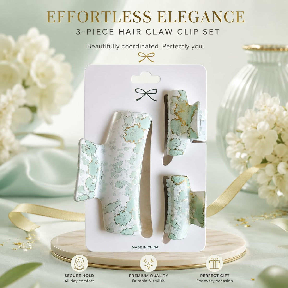 Hair Clips, 3-Piece Marble-Design Set, 1 Large Clip and 2 Small Clips - from First Choice (Green)