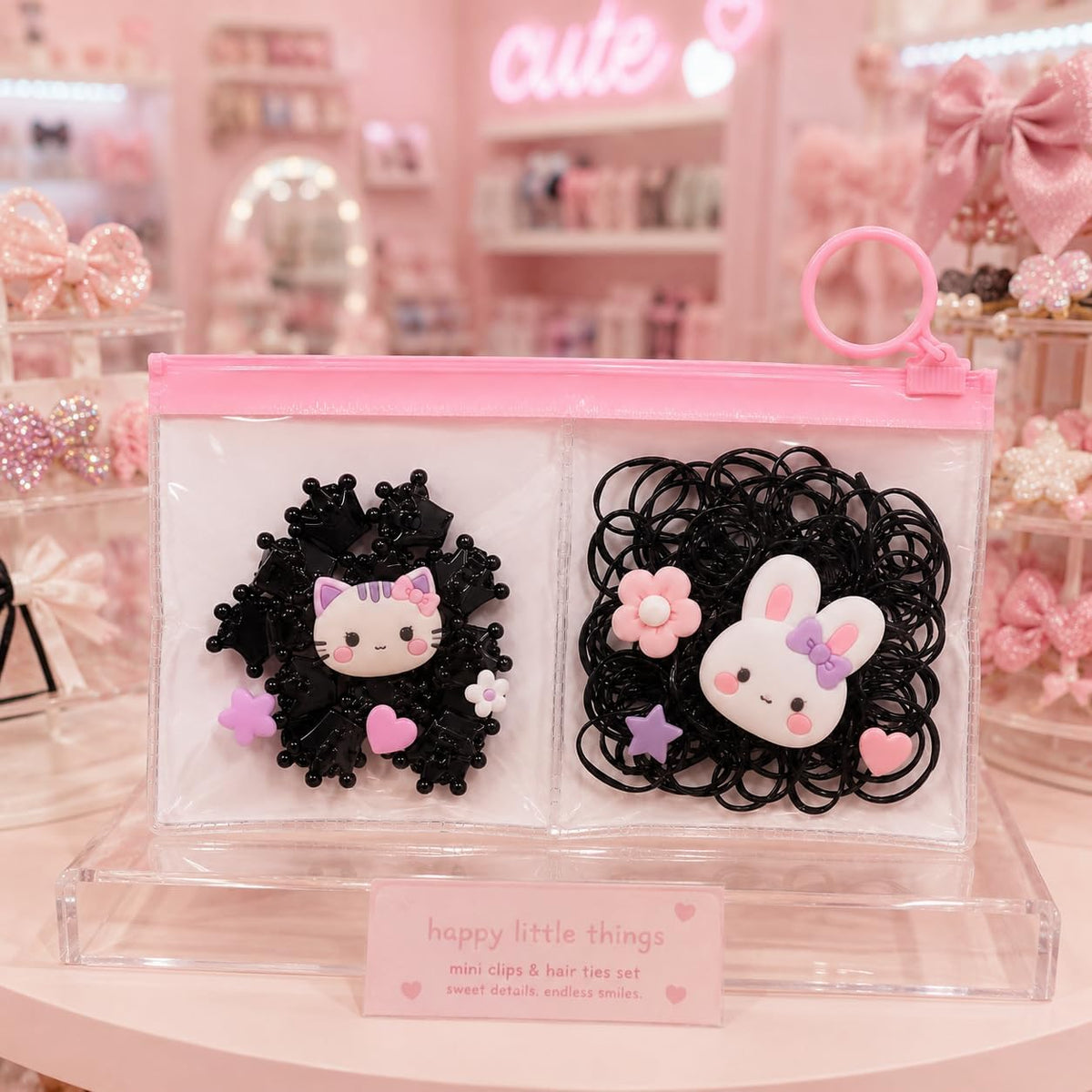 Set of silicone hair ties and clips for kids with a transparent pouch