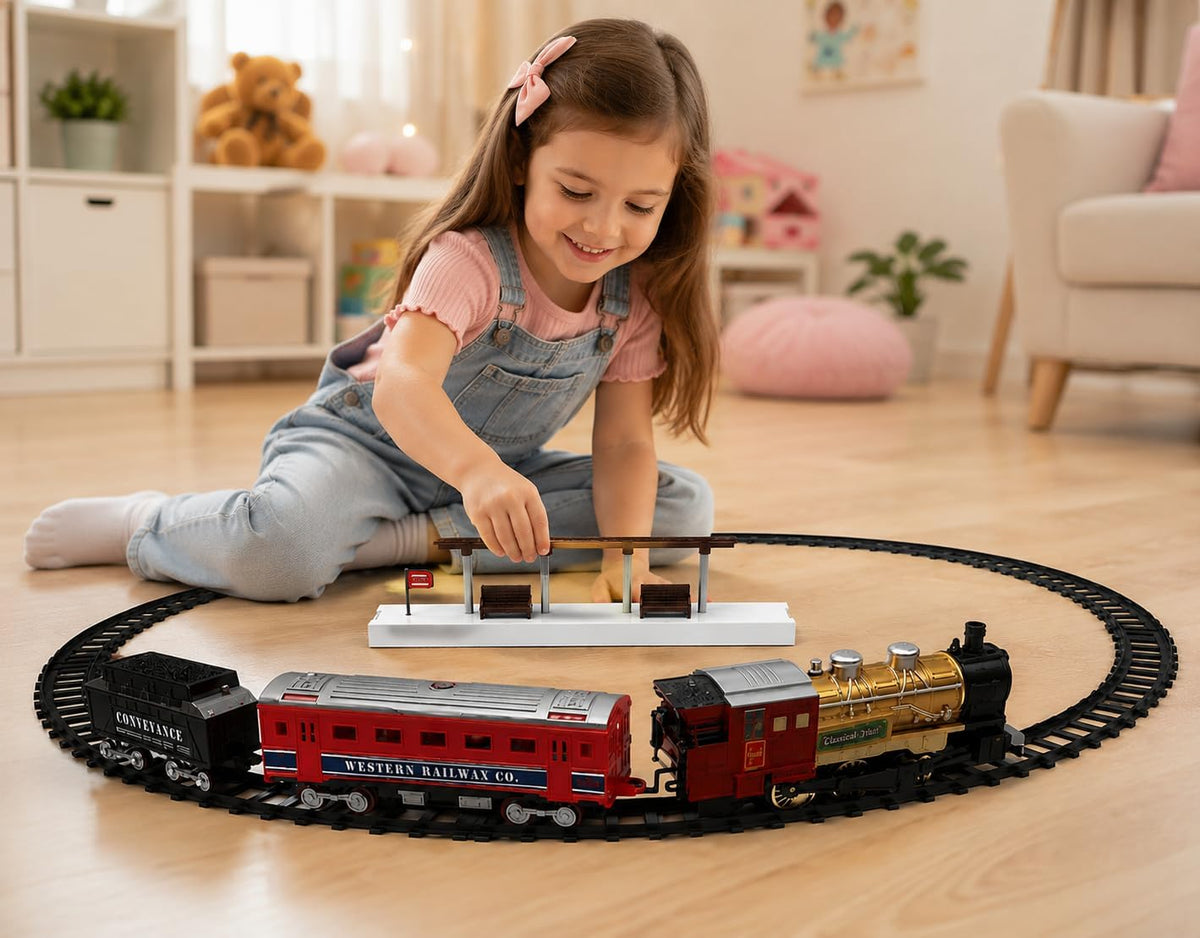 Classic steam train set with an oval track and passenger station