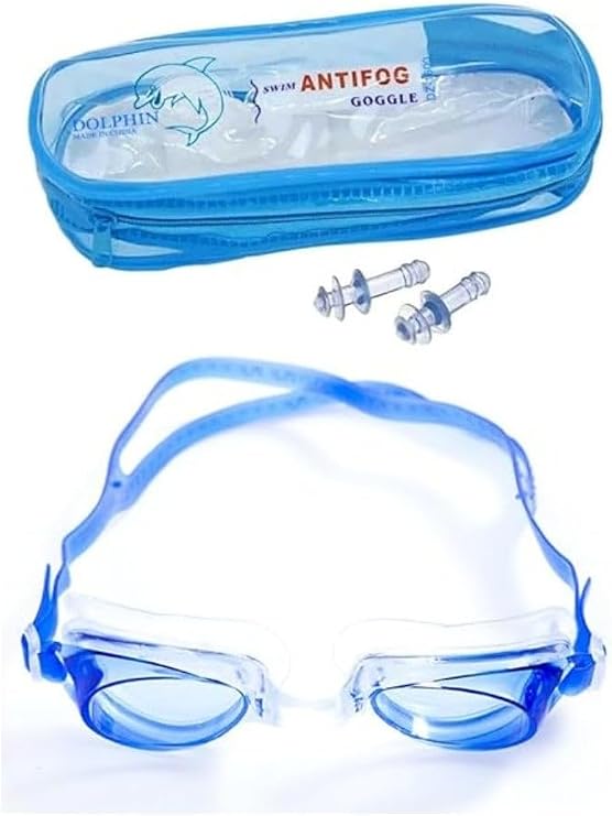Anti-fog swimming goggles with earplugs and adjustable strap