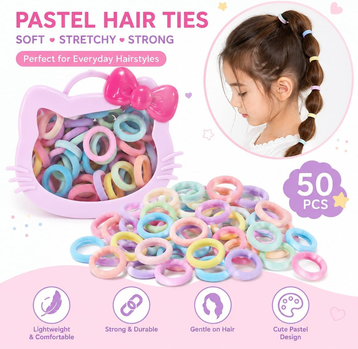 A pack of 50 cotton hair ties in pastel colors with a storage box