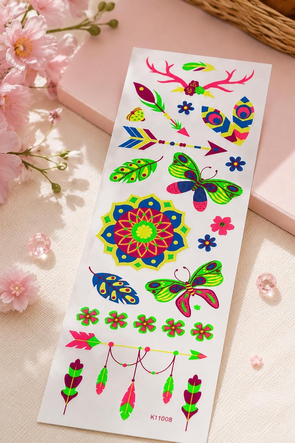 3 pieces of colorful temporary tattoos for kids with butterfly and geometric designs, water-based and skin-safe, easy to apply and remove, perfect for parties and recreational activities