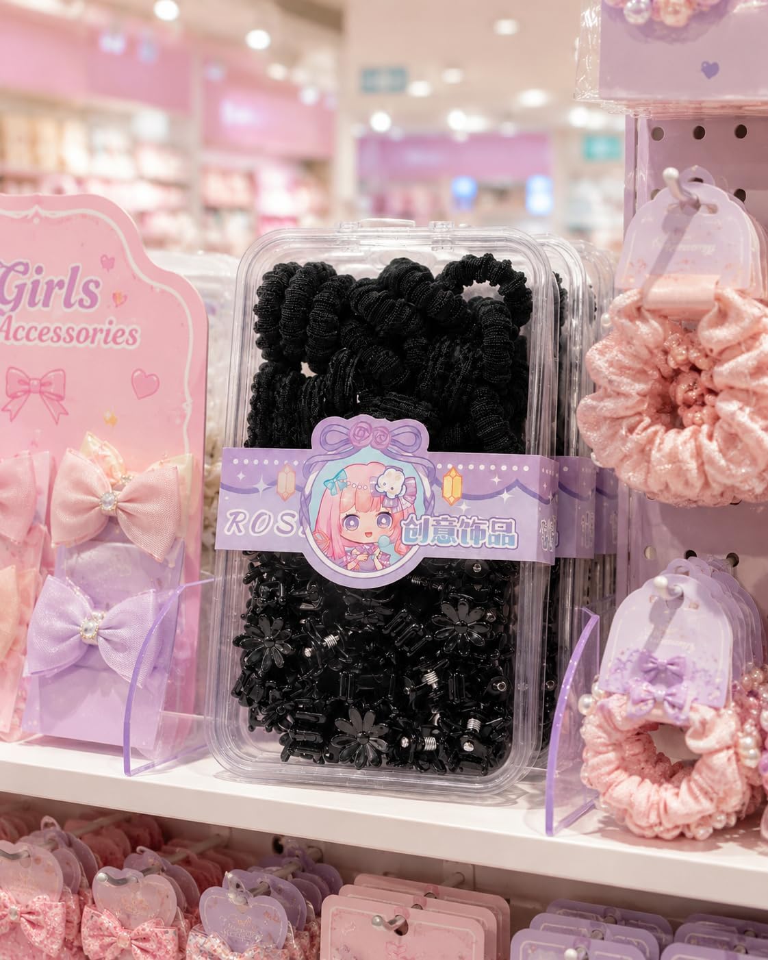 A set of black hair clips and ties with a floral design in a transparent case
