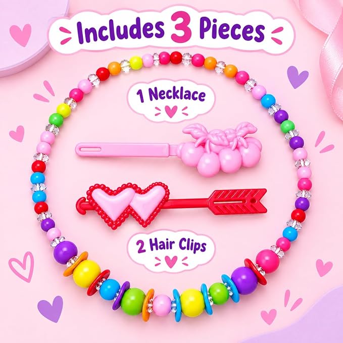 Colorful bead necklace for children with decorative hair clips