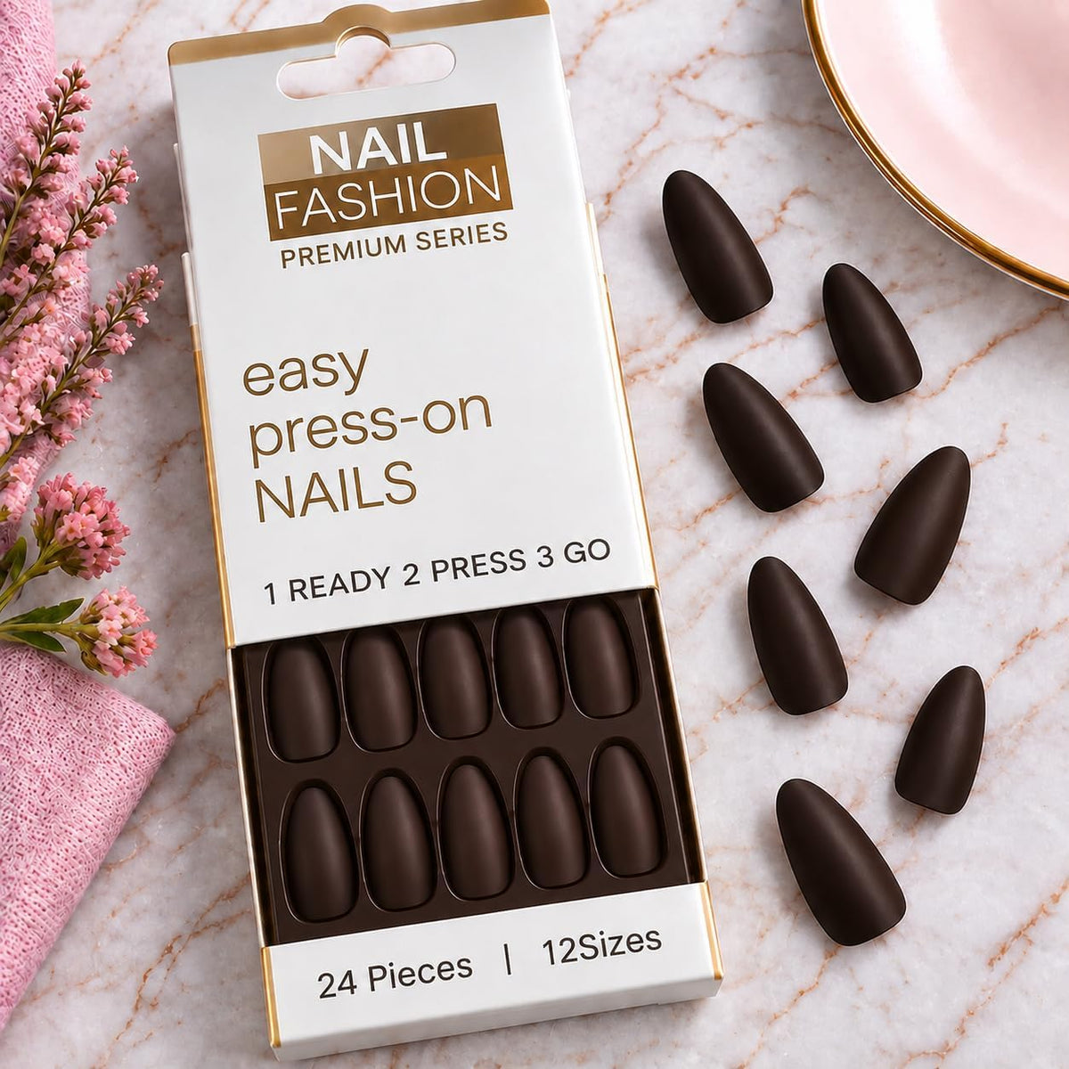 Pack of 24 almond-shaped press-on nails in assorted sizes (24 pieces)