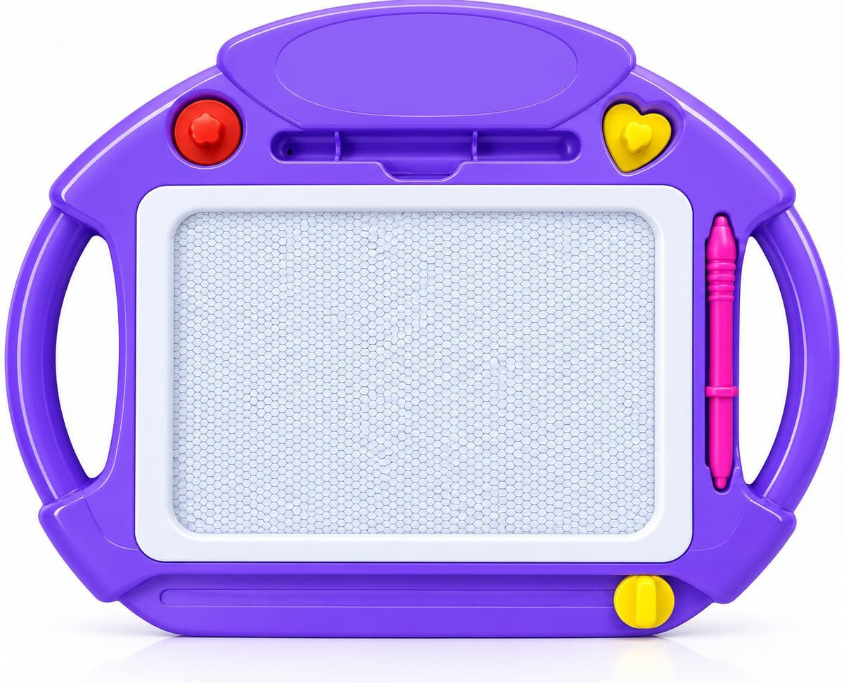 Erasable drawing board 30×25 cm with pen, stamps, and side handles