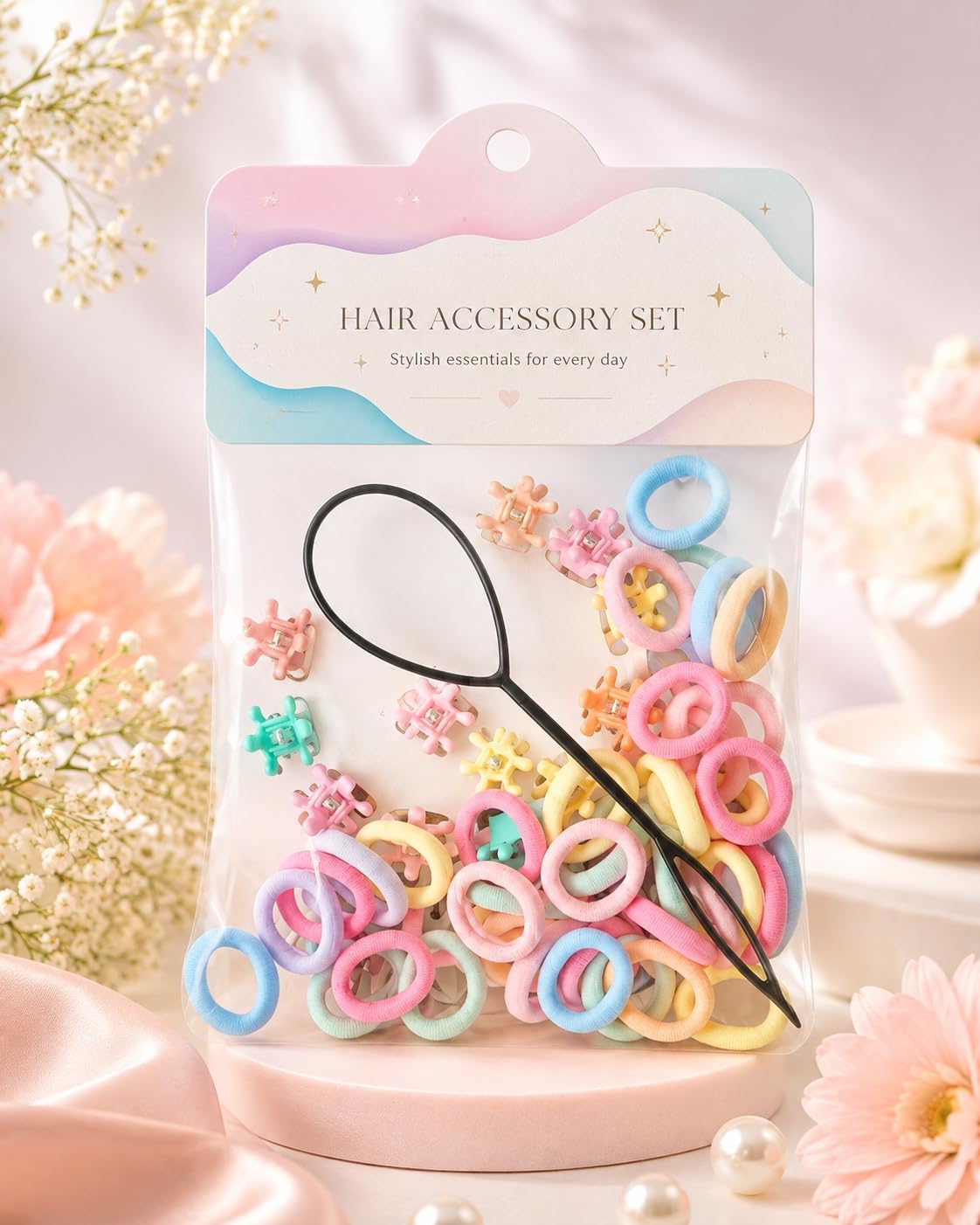 3-in-1 Hair Accessory Set - Contains elastic hair ties, small colorful hair clips, and a professional styling tool, perfect for all hair types and daily hairstyles (ideal for women and girls) (multiple bright colors)