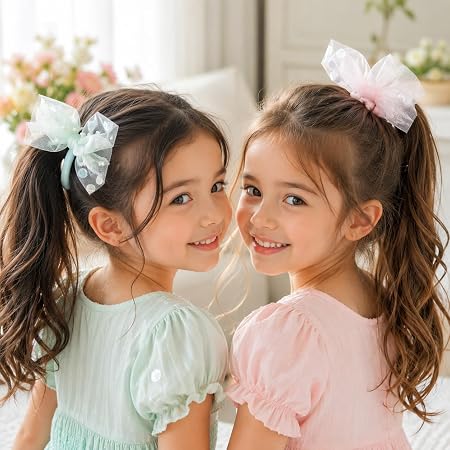 Tulle bow hair clips adorned with pearls and sequins, 4 pieces (5×10 cm)