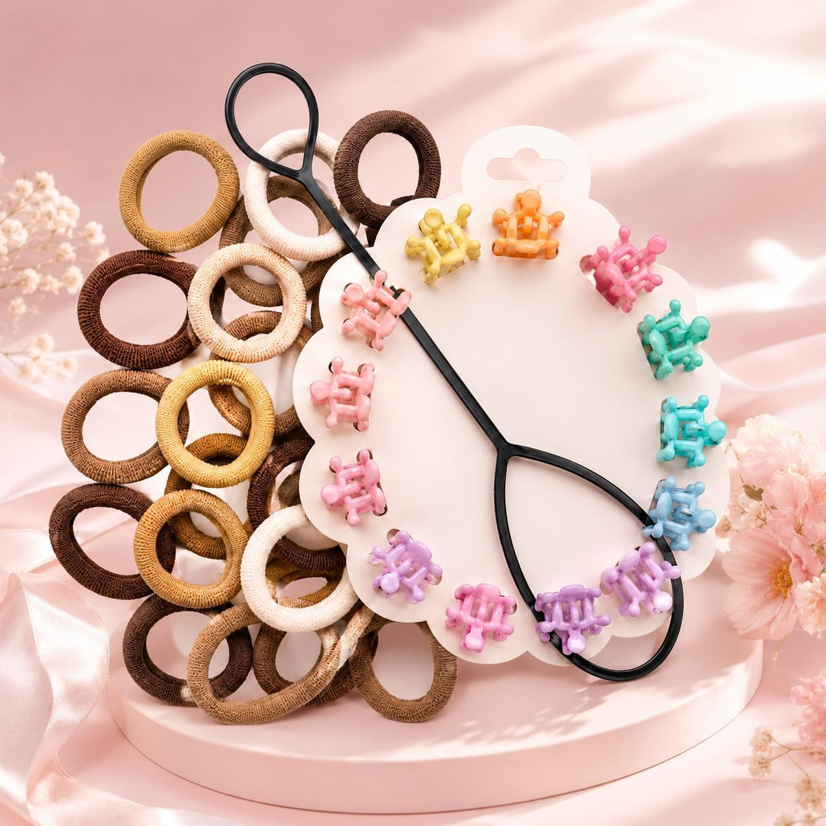 3-in-1 Hair Accessory Set - Contains elastic hair ties, small colorful hair clips, and a professional styling tool, perfect for all hair types and daily hairstyles (ideal for women and girls) (Dark Colors)