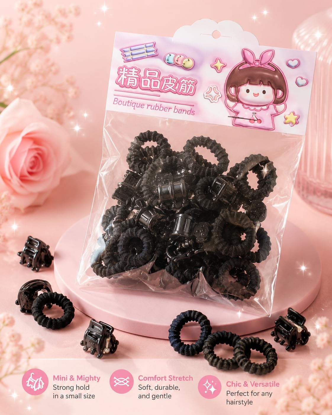 High-quality elastic hair ties for girls and women, black elastic hair bands that do not cause tangling or hair damage, durable hair ties with a strong design for daily use and school (multi-pack)