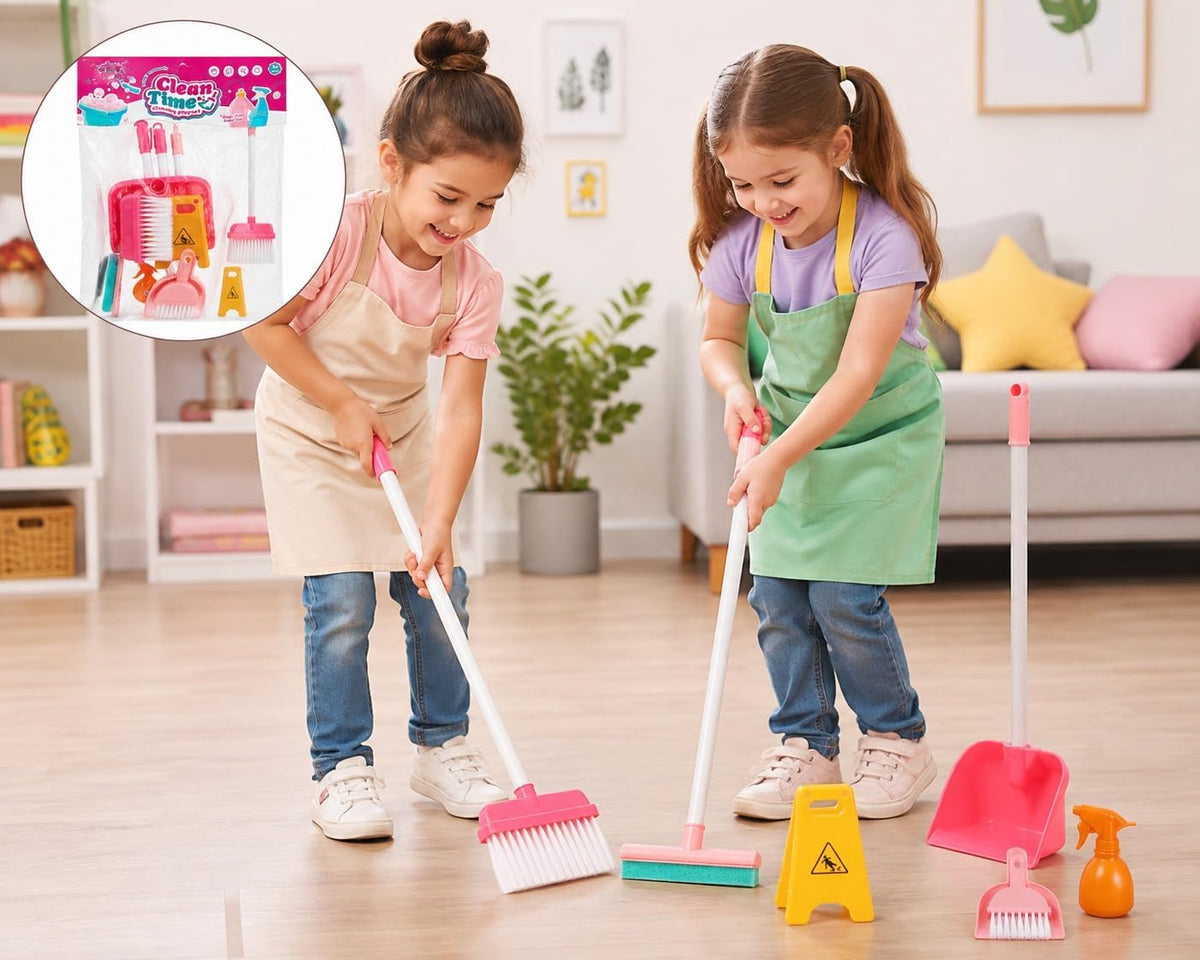 House cleaning toy set with broom, dustpan, and tools