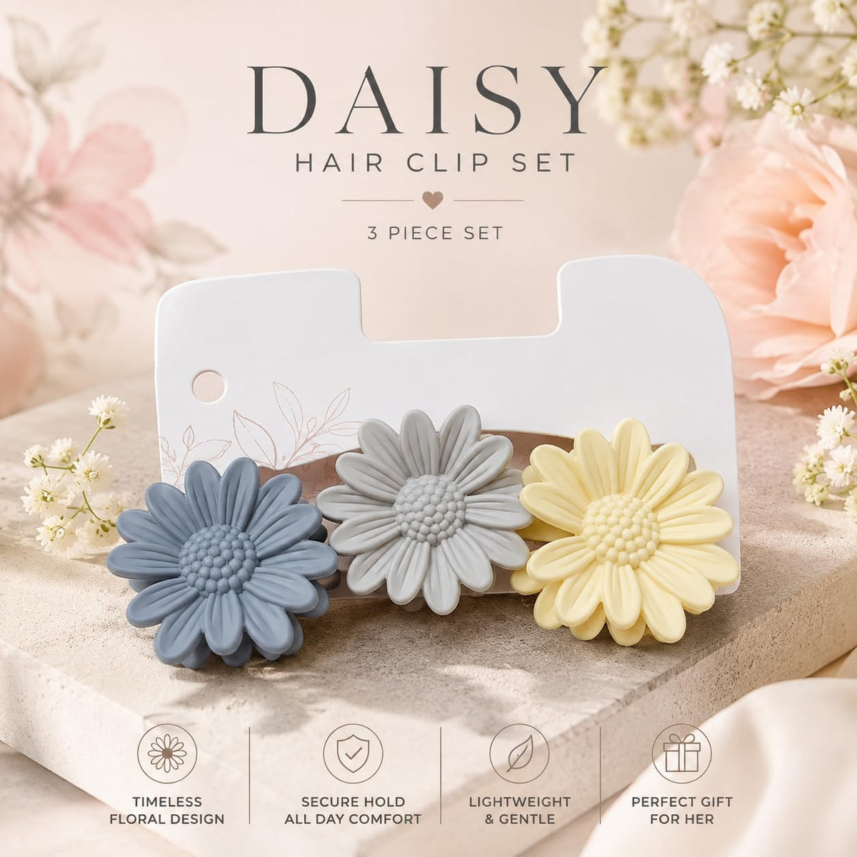 Flower-shaped plastic hair clips, 3 pieces - Cute and safe hair accessories for children and women, gray, blue, and yellow colors from First Choice