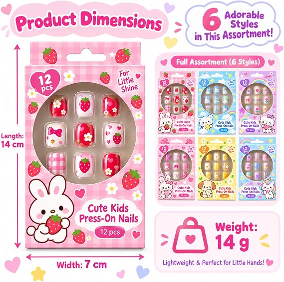 Artificial nails for children, 12-piece pack with cartoon designs