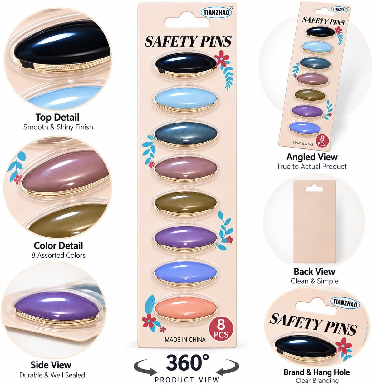 Set of 8 multicolor oval-head safety pins