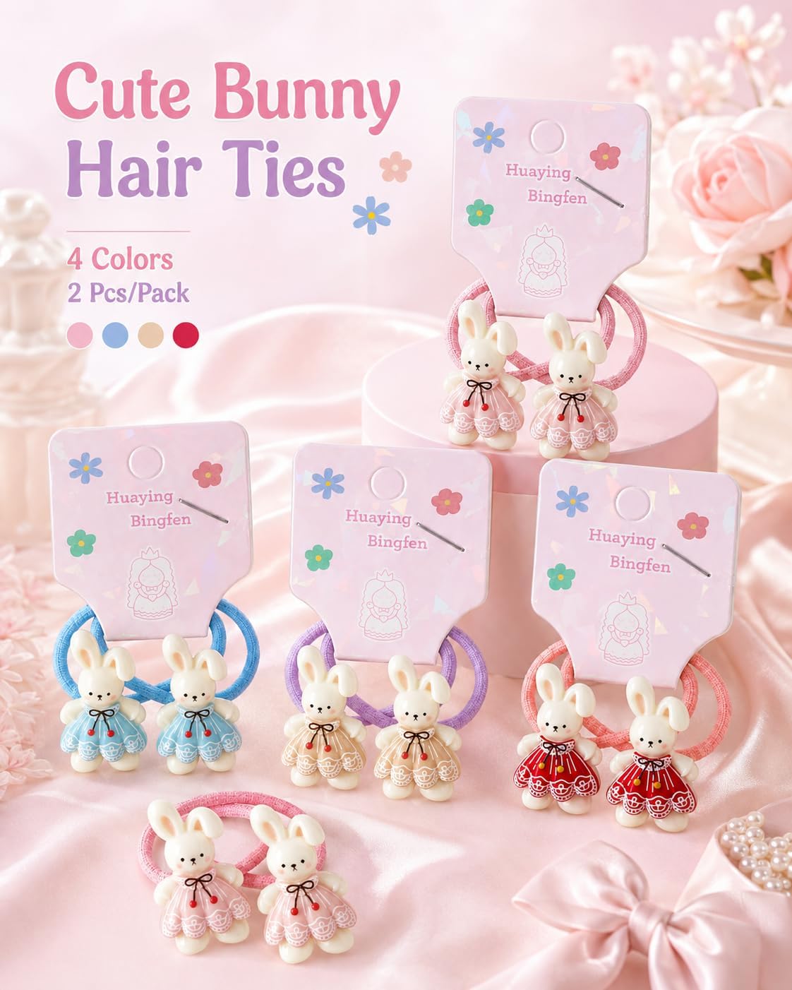 Flexible hair ties for girls with cute cartoon rabbit figures, soft, strong, and colorful elastic ponytail holders for girls' hair accessories, in various shapes (2 packs of 4 pieces)