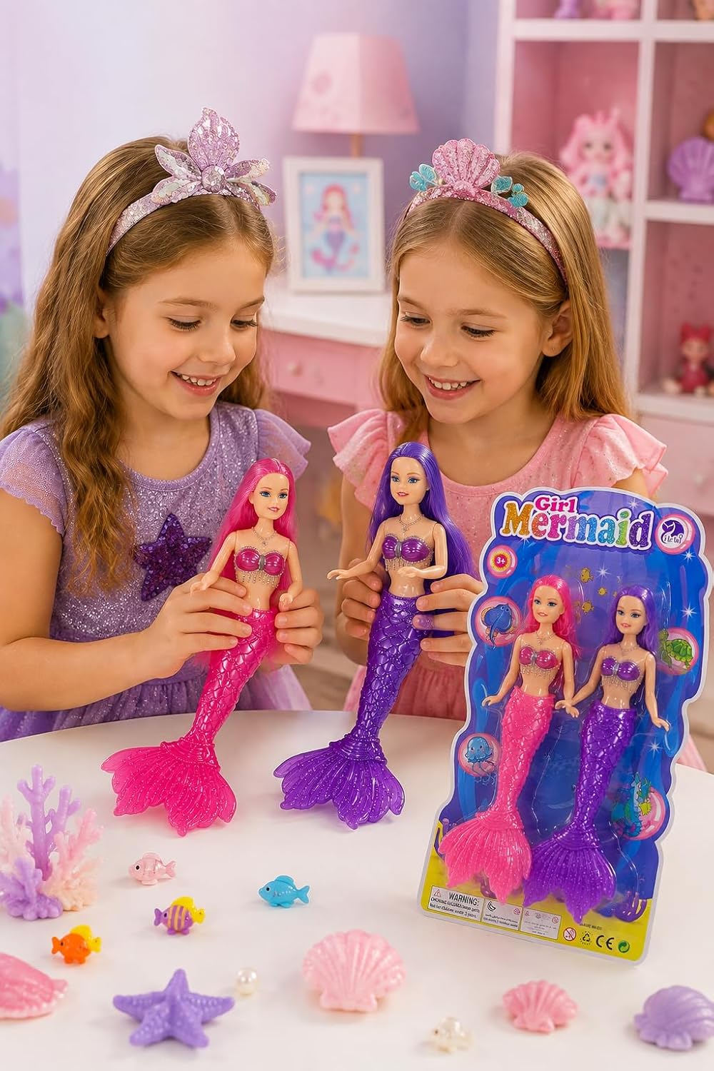 First Choice Two-Piece Mermaid Doll Set in Pink and Purple with Movable Arms and Glittery Tails - 2-Piece Doll Set, 34 cm