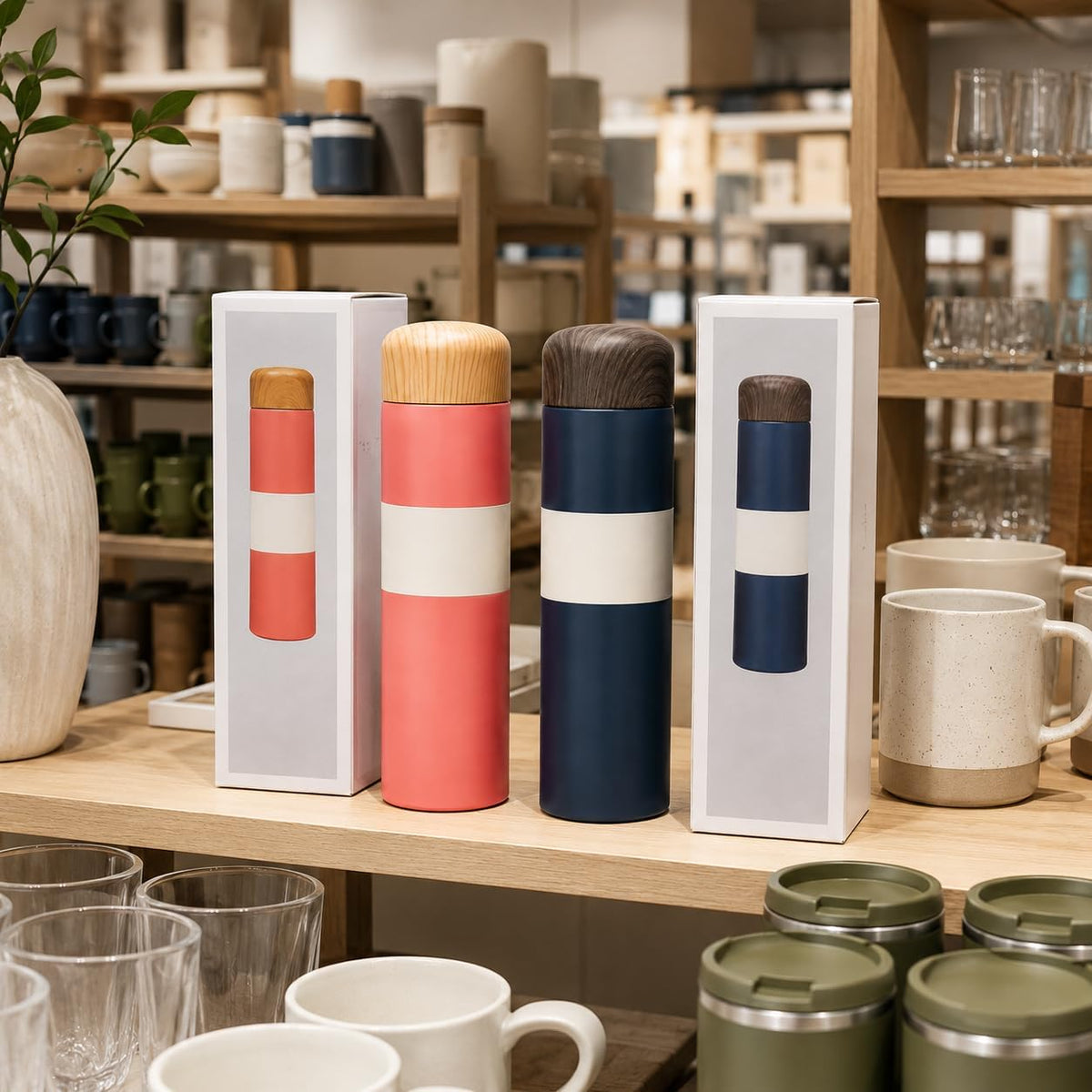 Insulated stainless steel water bottle, hot and cold thermos with a 250 ml capacity, elegant design with a natural wooden lid, perfect for travel, the office, and sports - One Piece - Multiple Colors from First Choice
