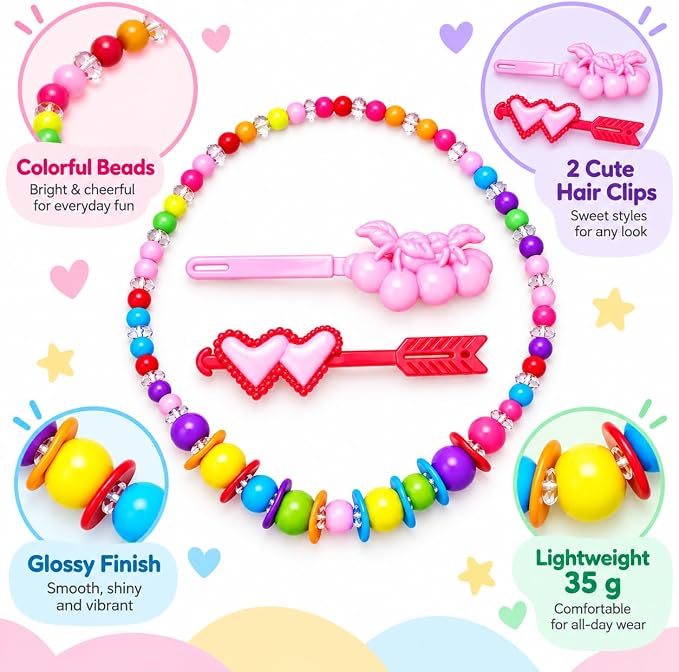 Colorful bead necklace for children with decorative hair clips