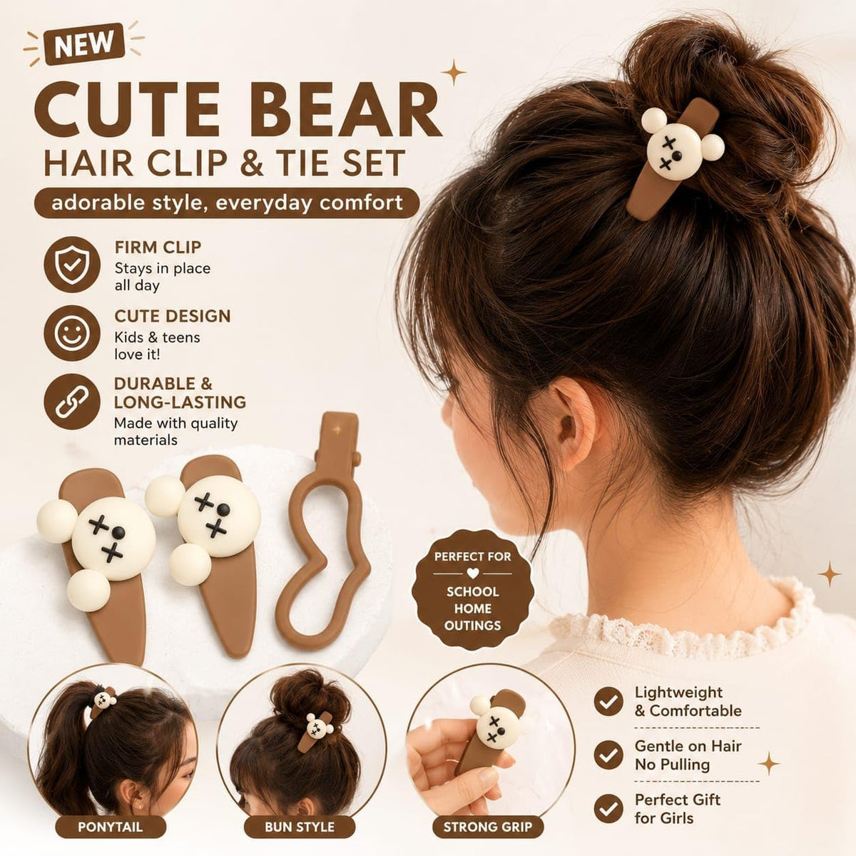 Cute hair clip set for women and girls, 3 pieces with a modern design and neutral colors, durable and comfortable hair accessories for everyday use - Brown color.