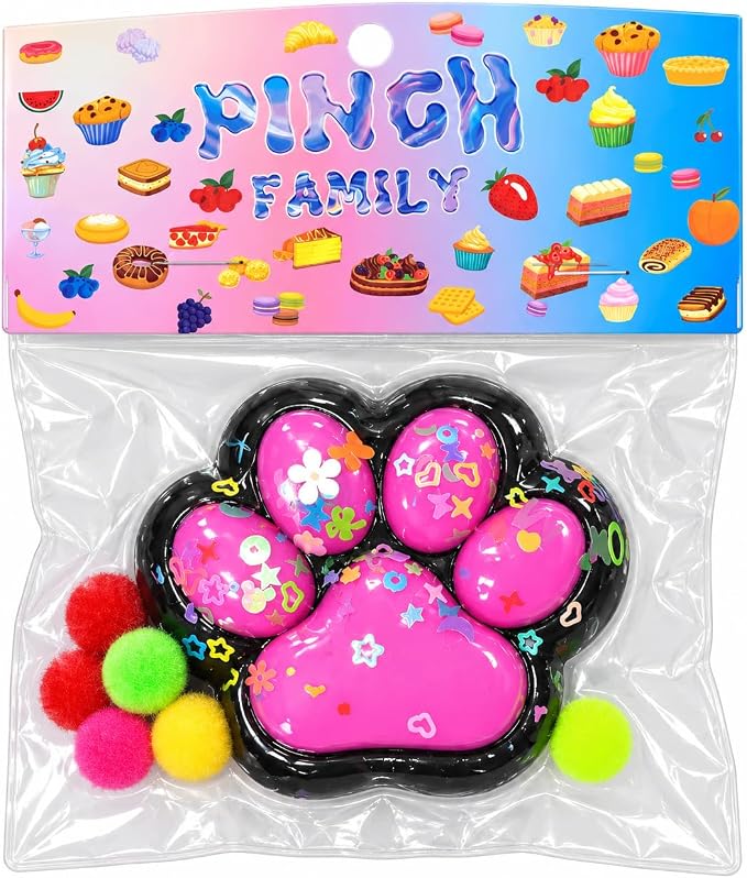 Cat paw shaped squishy toy with pom-poms