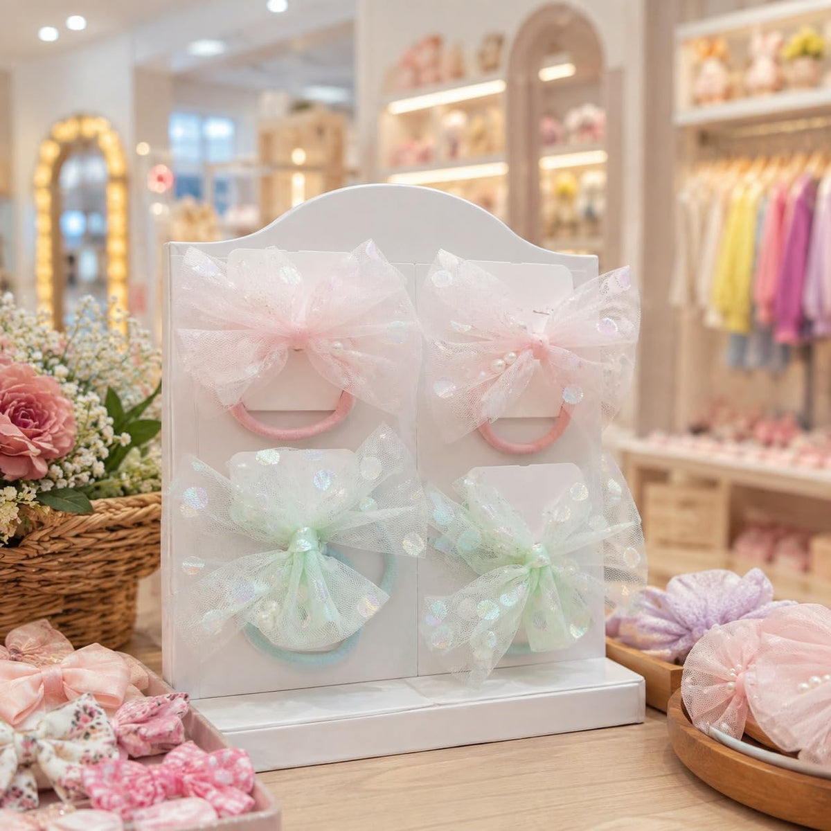Tulle bow hair clips adorned with pearls and sequins, 4 pieces (5×10 cm)