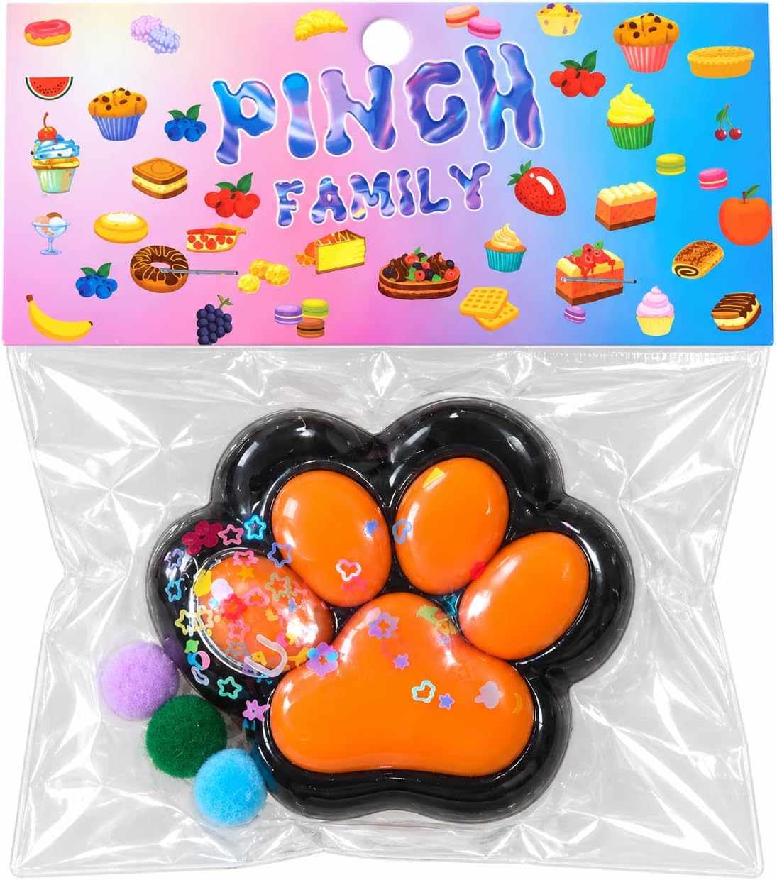 Cat claw-shaped squishy toy with pom-pom balls