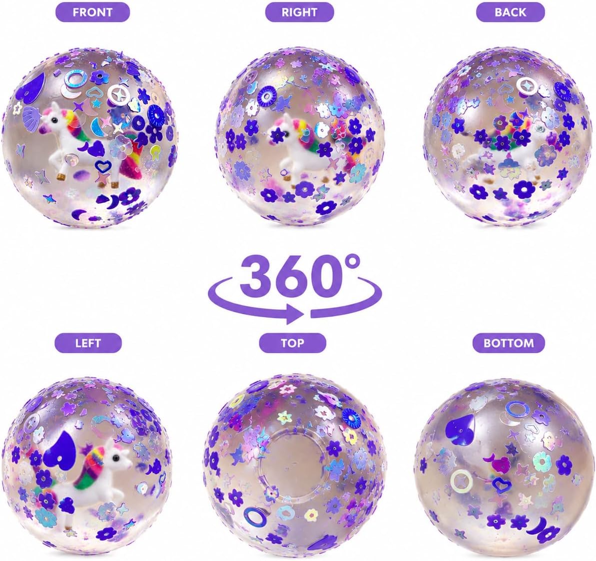 Unicorn sensory squishy ball with gel and confetti filling