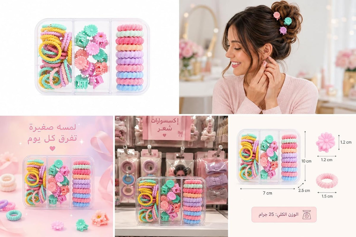 Hair accessory organizer box set including clips and hair ties