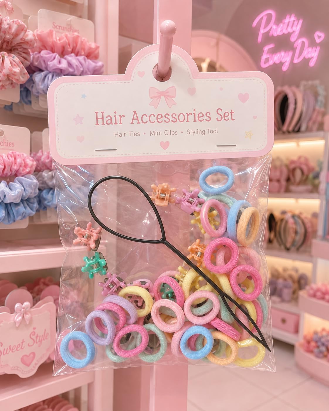 3-in-1 Hair Accessory Set - Contains elastic hair ties, small colorful hair clips, and a professional styling tool, perfect for all hair types and daily hairstyles (ideal for women and girls) (multiple bright colors)