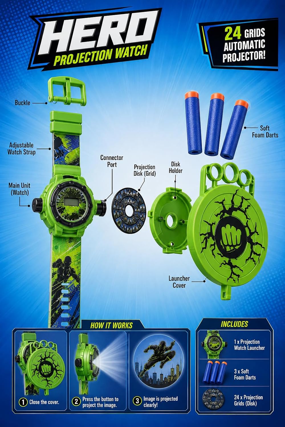 Light-up photo display clock with heroes design, hand launcher and 3 soft arrows for adventures from First Choice