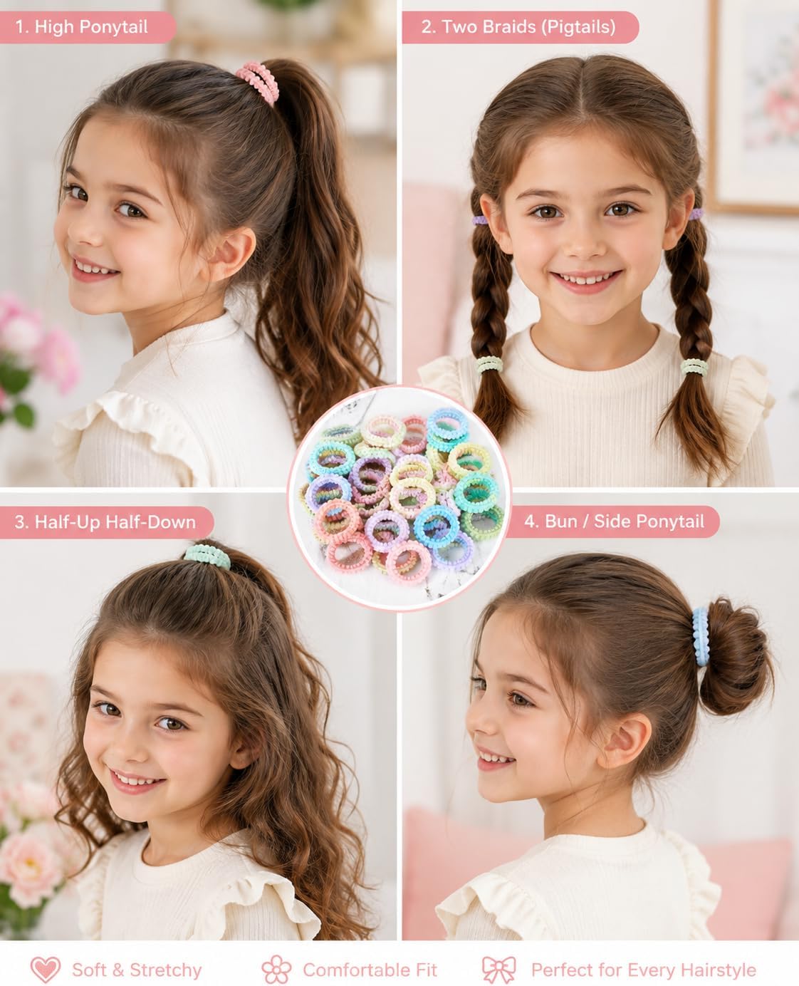 50 Soft Elastic Hair Ties, Pastel Colors