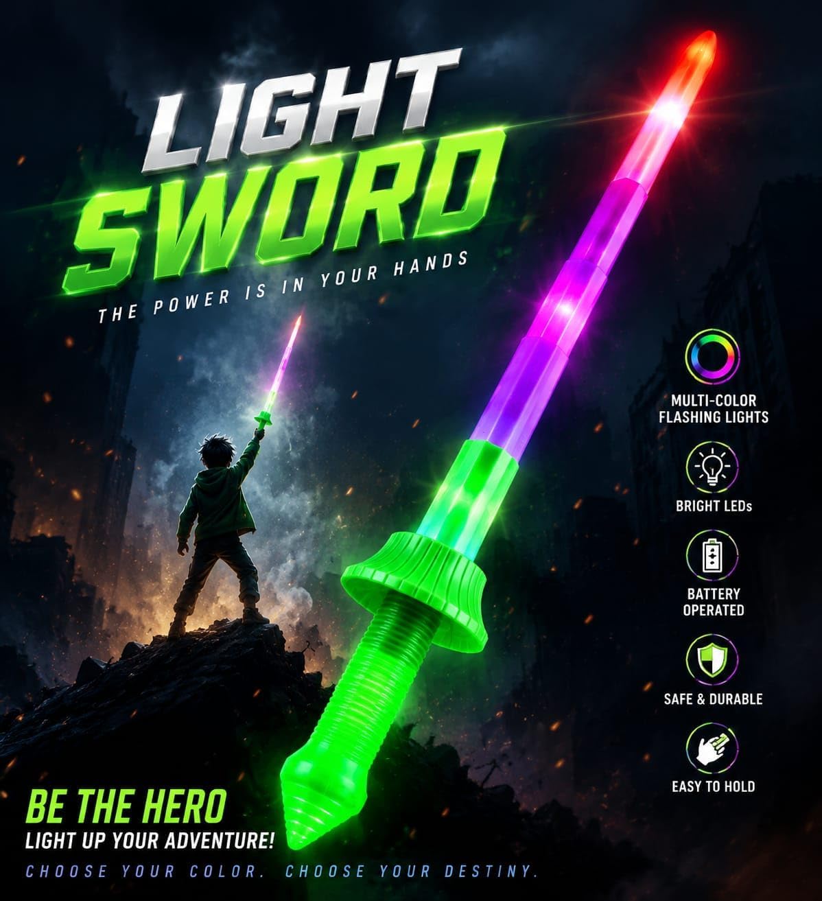 Extendable LED light-up plastic sword