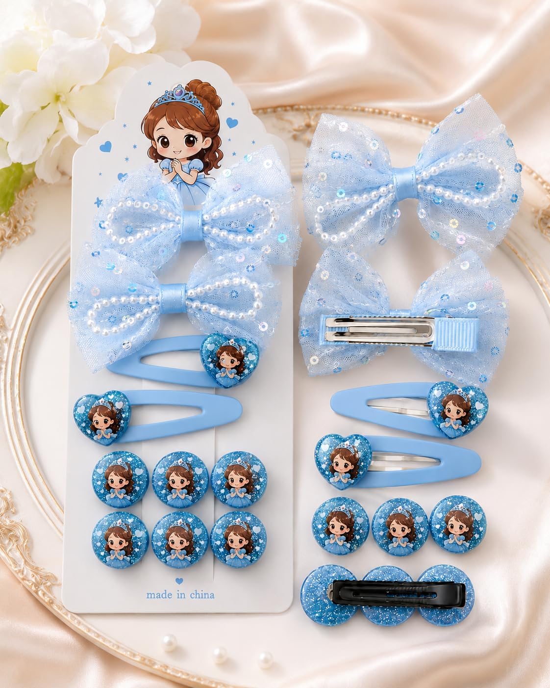 Hair accessory set for girls with a princess design, 6 pieces, blue lace bows with pearls, heart-shaped hairpins, decorative round clips, princess design for children, assorted colors